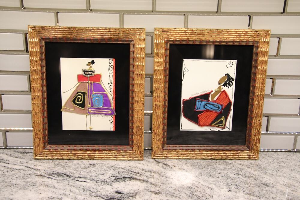 Ziwadii Majiisa Signed Mixed Media Art Set of 2 Framed 1999 African Figural